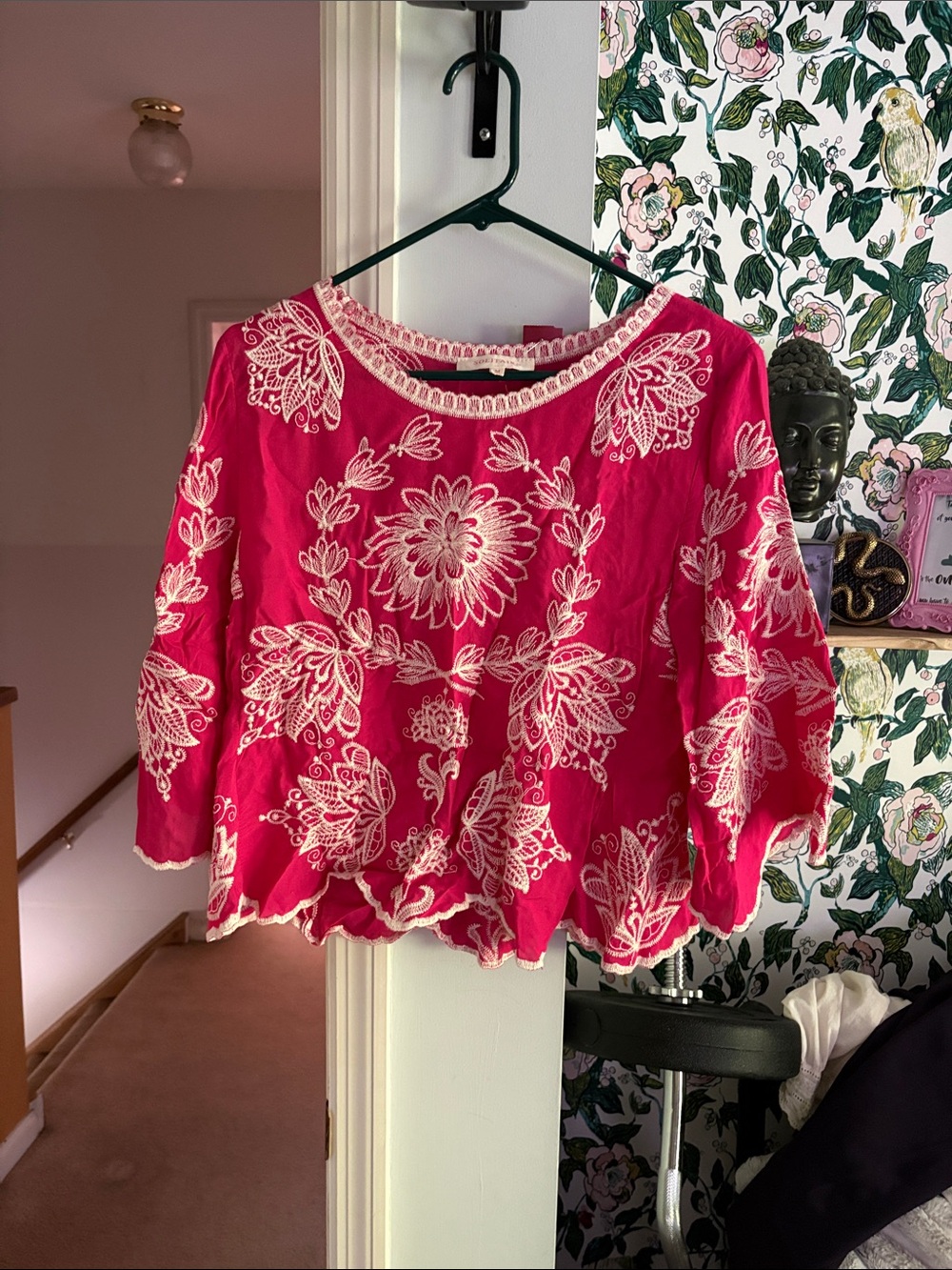 Anthropologie Solitaire Pink Floral Embroidered Peasant Top
